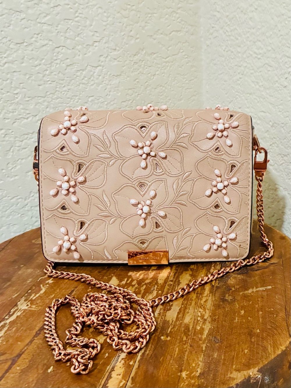 Michael Kors Jade Medium Gusset Blush Pink Gold Chain Beads Crossbody Handbag